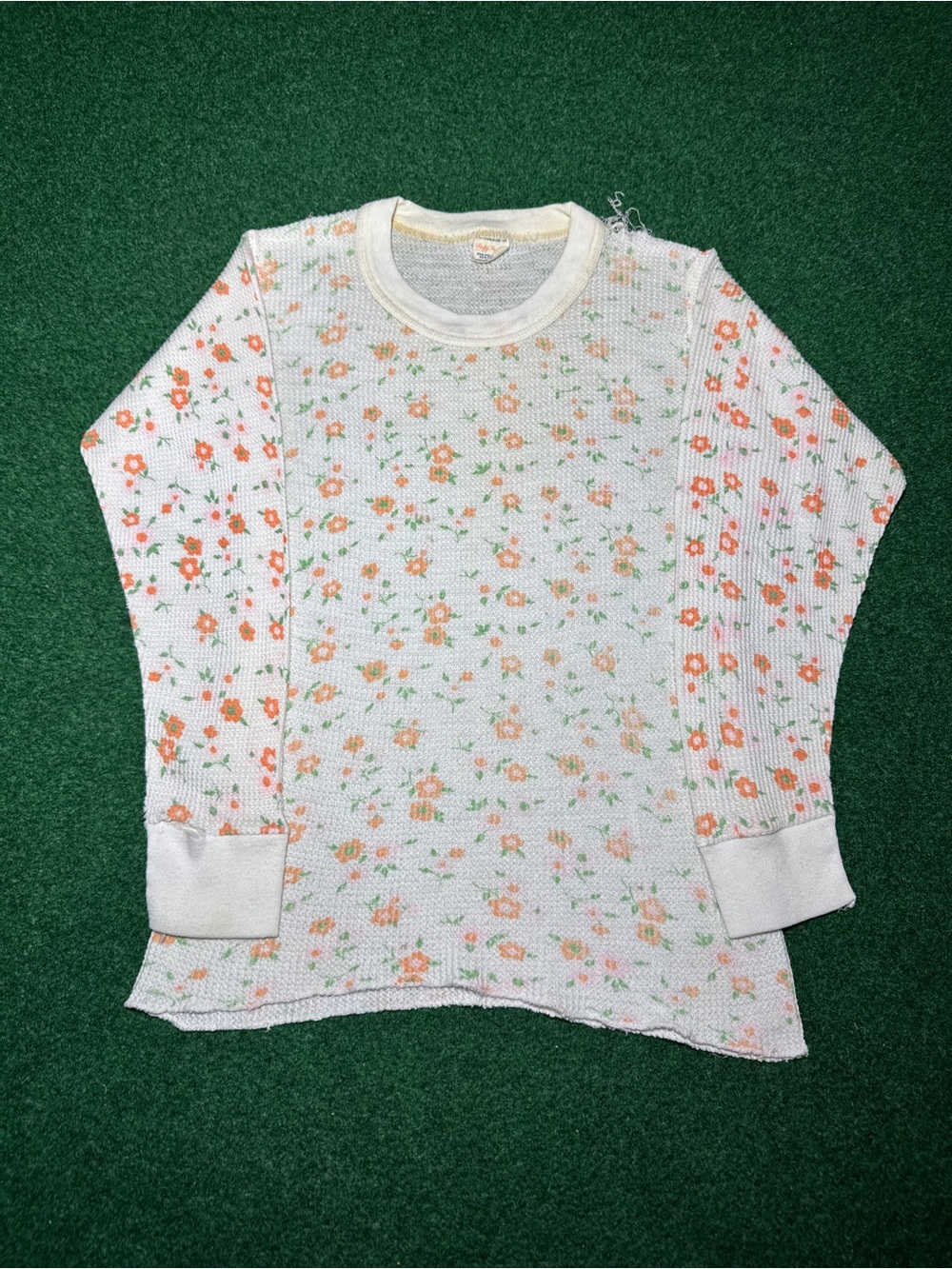 Waffle Knit Thermal Long Sleeve Vintage 70s Distressed Print Foral Girls XL